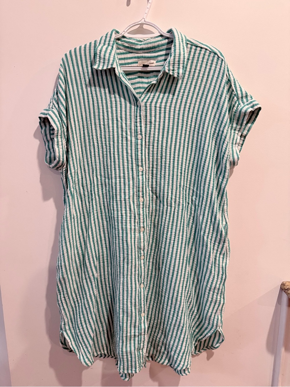 Universal Thread Green and White Striped Short-Sleeve Button Mini Shirtdress